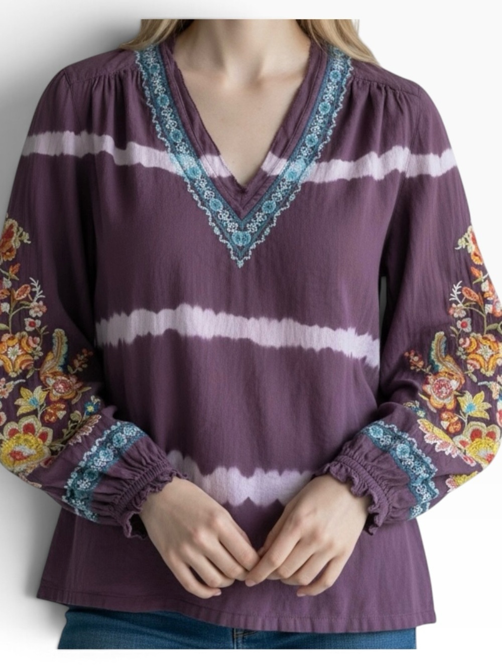 SUNDANCE Boho Purple Tie Dye V Neck Embroidered Sleeve Detail Top Size Small